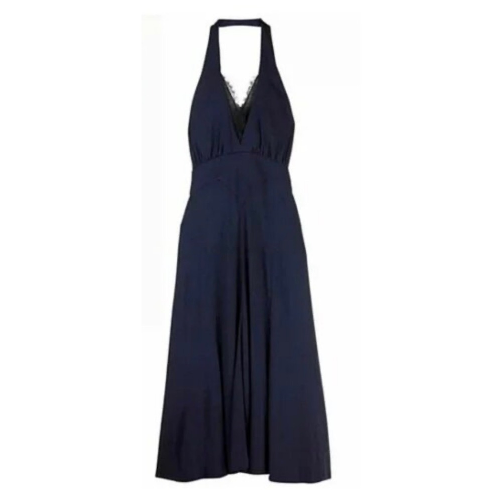 Diane von Furstenberg Tengrier Midnight Blue Halter Lace Trim Midi Dress Size 0